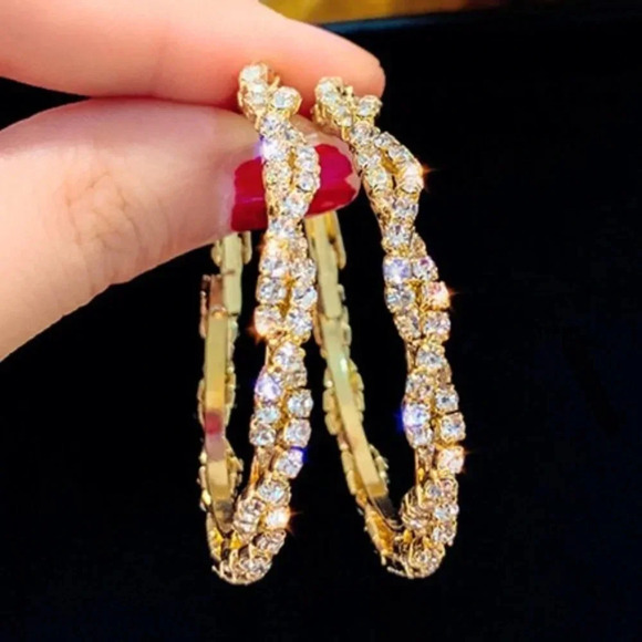 NEW 18K Gold Twisted Diamond Hoop Earrings - Picture 8 of 8